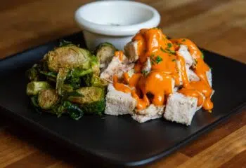 #215  Low Carb Buffalo Chicken Bites with Blue Cheese & Roasted Brussels Sprouts
