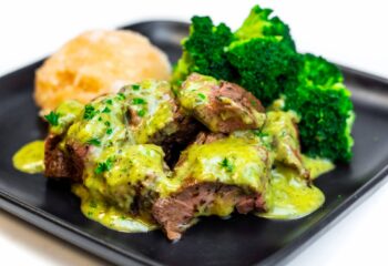 #145  Grilled Argentinian Steak Tips with Chimichurri, Garlic & Lime Yuca and Roasted Broccoli