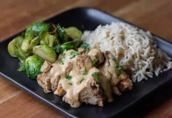#113  Cajun Chicken Thighs with Dirty Rice and Brussels Sprouts
