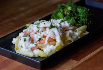 #128  Shrimp Alfredo Over Pasta with Roasted Broccoli