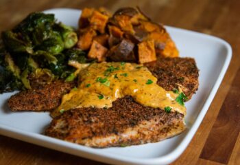 #143  Blackened Flounder with Roasted Brussels Sprouts and Sweet Potatoes
