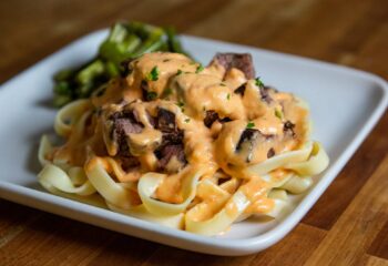 #136  Steak Fettuccine with Roasted Red Pepper Sauce and Asparagus