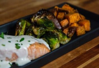 #130  Maple Glazed Salmon with Basmati Rice and Baked Brussels Sprouts
