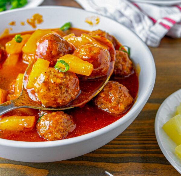 #202  Low Carb Pineapple BBQ Meatballs with Roasted Broccoli