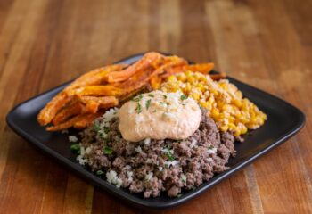 #107  Horseradish Aioli Burger Bowl with Sweet Potato Fries, and Mexican Street Corn