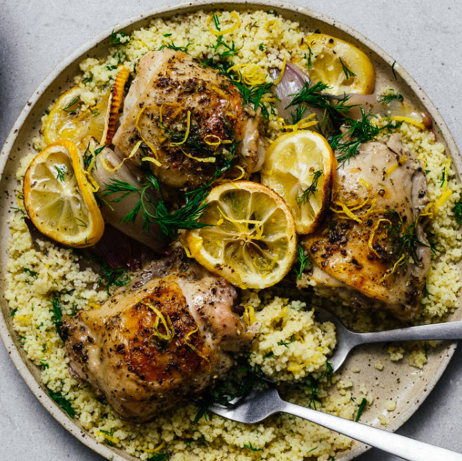 #143  Lemon Tahini Chicken Thighs with Cous Cous and Roasted Carrots