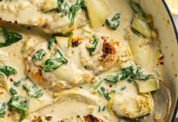 #133  Creamy Spinach & Artichoke Chicken with Rice Pilaf and Baked Brussels Sprouts
